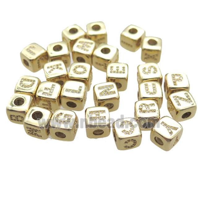 copper letter beads paved zircon, cube, mixed alphabet, large hole, gold plated