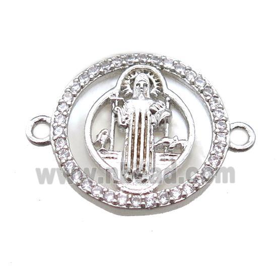 copper circle connector paved zircon, Jesus, platinum plated