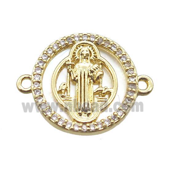 copper circle connector paved zircon, Jesus, gold plated