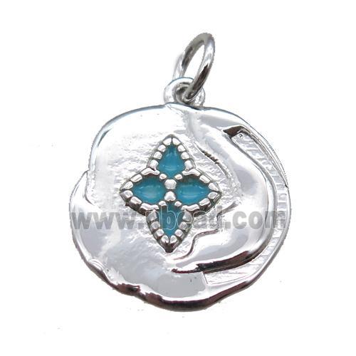 copper flower pendant with enameling, platinum plated