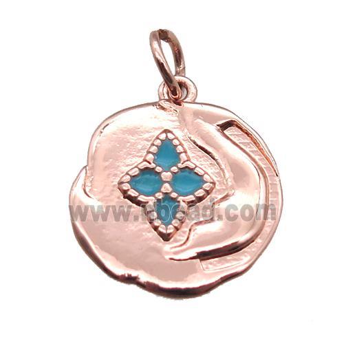 copper flower pendant with enameling, rose gold