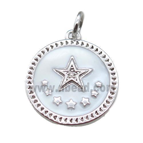 copper circle star pendant, white enameling, platinum plated