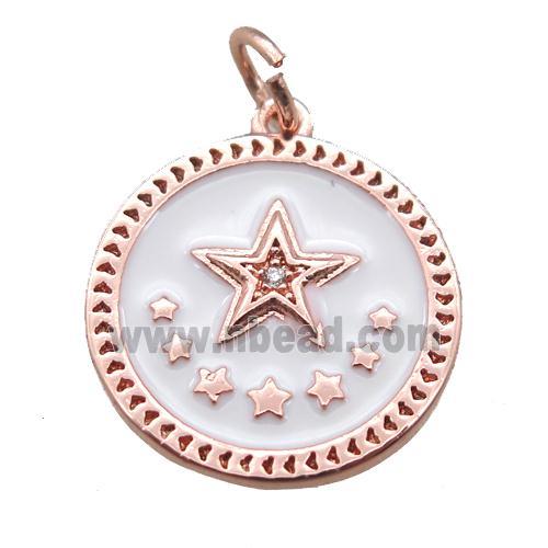 copper circle star pendant, white enameling, rose gold