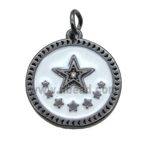 copper circle star pendant, white enameling, black plated