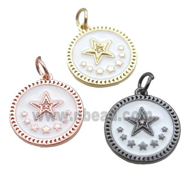 copper circle star pendant, white enameling, mixed
