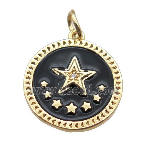 copper circle star pendant, black enameling, gold plated