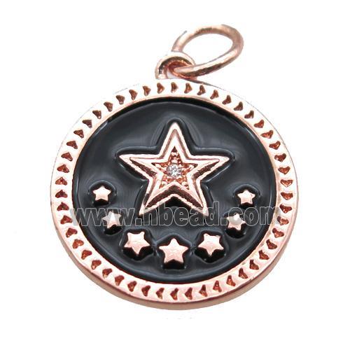 copper circle star pendant, black enameling, rose gold
