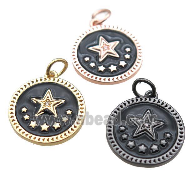copper circle star pendant, black enameling, mixed