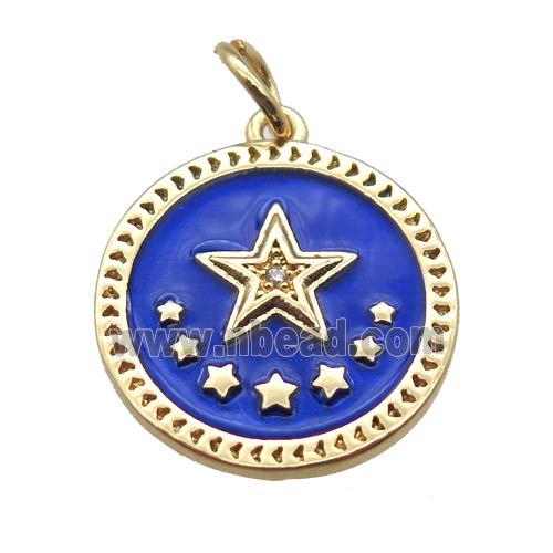 copper circle star pendant, blue enameling, gold plated