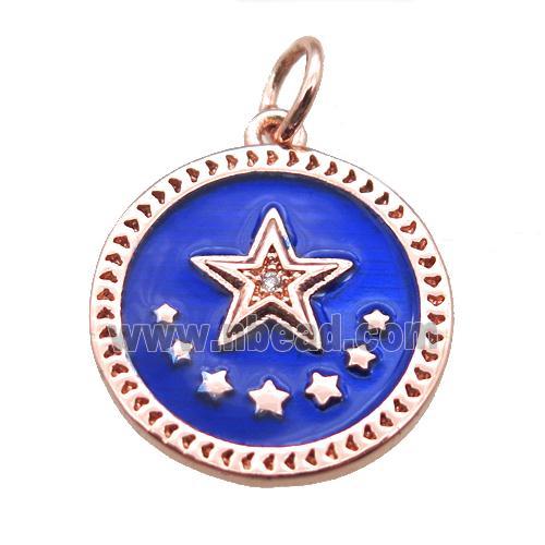 copper circle star pendant, blue enameling, rose gold