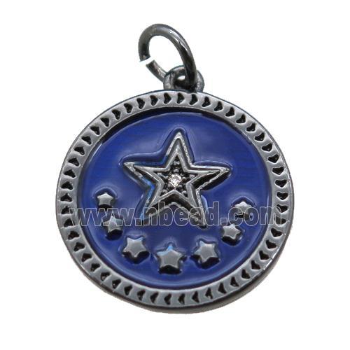 copper circle star pendant, blue enameling, black plated