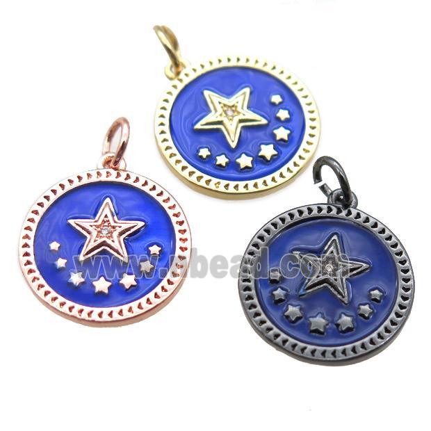 copper circle star pendant, blue enameling, mixed