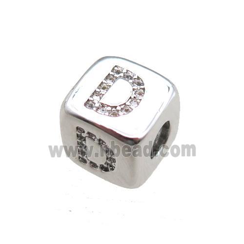 copper letter-D beads paved zircon, cube, platinum plated