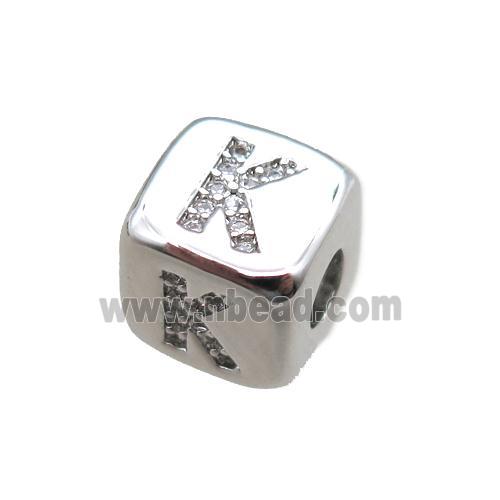 copper letter-K beads paved zircon, cube, platinum plated