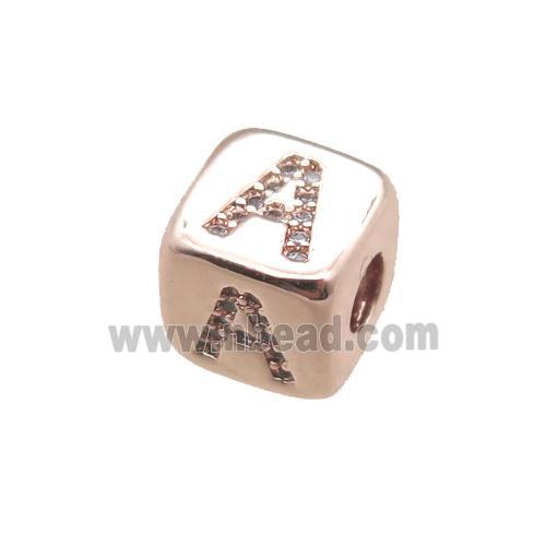 copper letter-A beads paved zircon, cube, rose gold