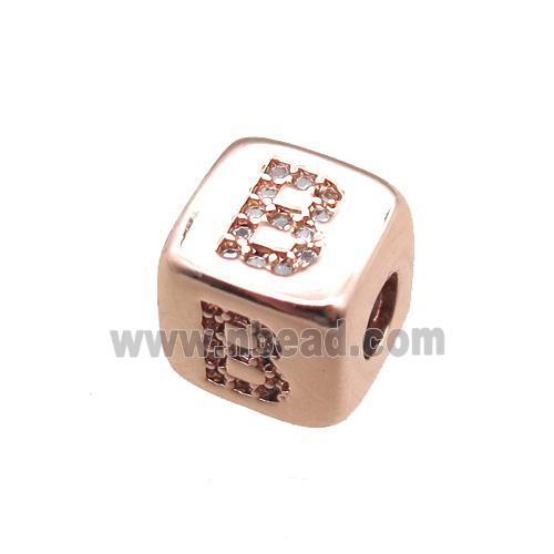 copper letter-B beads paved zircon, cube, rose gold
