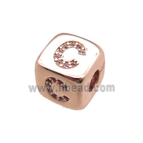 copper letter-C beads paved zircon, cube, rose gold