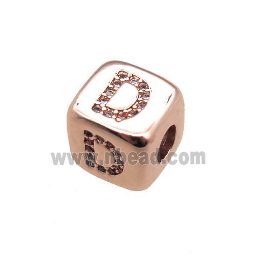 copper letter-D beads paved zircon, cube, rose gold