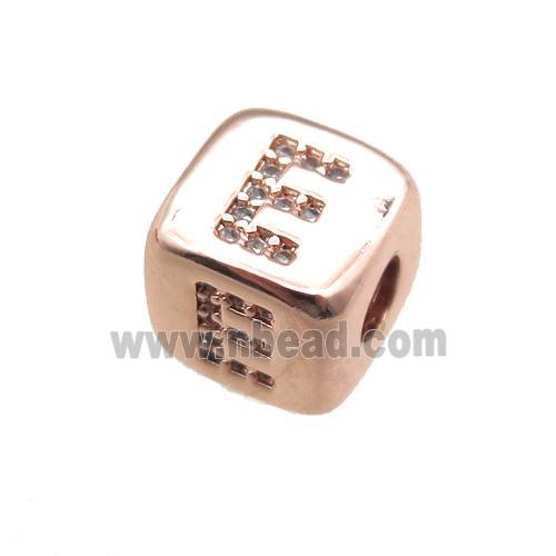 copper letter-E beads paved zircon, cube, rose gold
