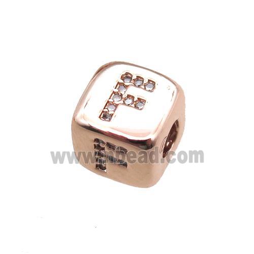 copper letter-F beads paved zircon, cube, rose gold
