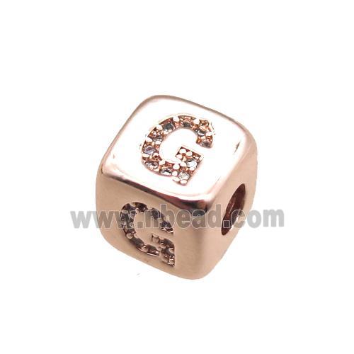 copper letter-G beads paved zircon, cube, rose gold