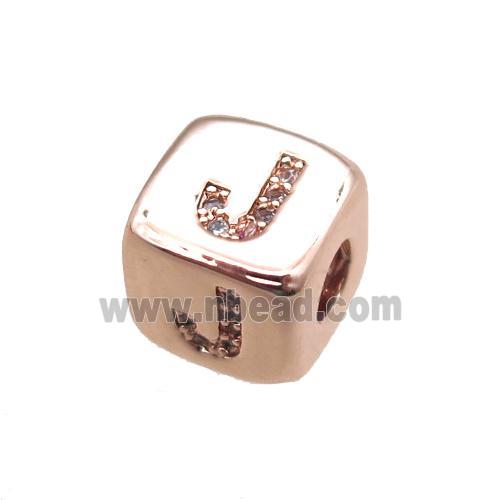 copper letter-J beads paved zircon, cube, rose gold