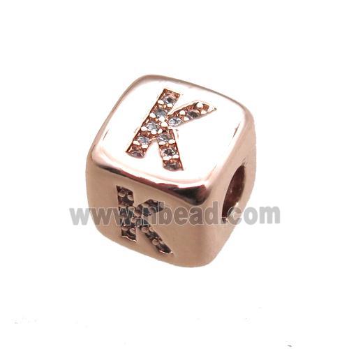 copper letter-K beads paved zircon, cube, rose gold
