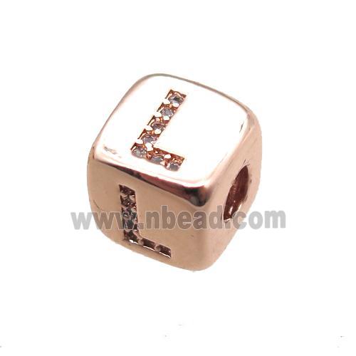 copper letter-L beads paved zircon, cube, rose gold