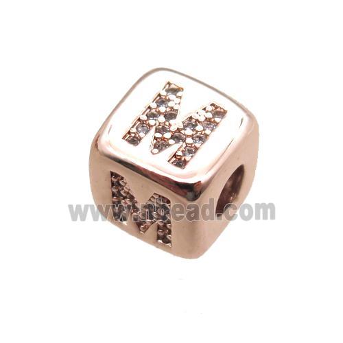 copper letter-M beads paved zircon, cube, rose gold