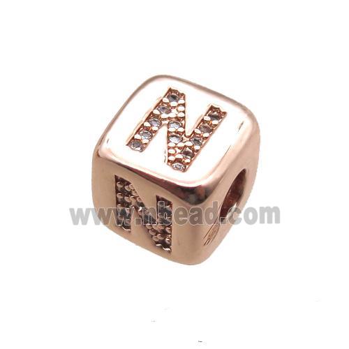 copper letter-N beads paved zircon, cube, rose gold