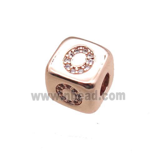 copper letter-O beads paved zircon, cube, rose gold