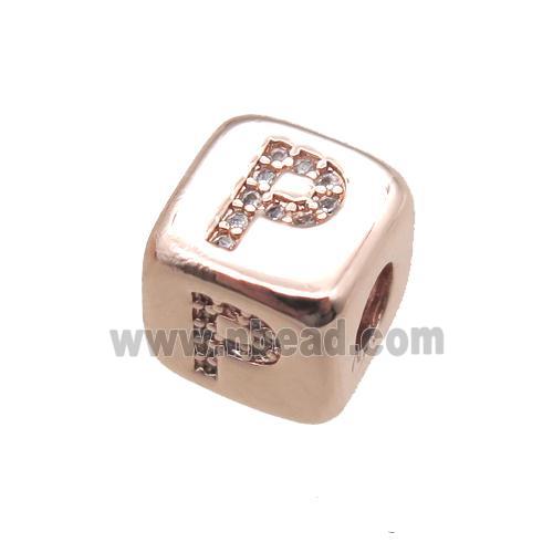 copper letter-P beads paved zircon, cube, rose gold