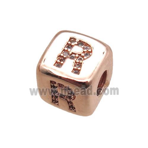 copper letter-R beads paved zircon, cube, rose gold