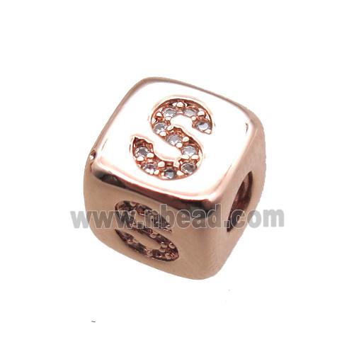 copper letter-S beads paved zircon, cube, rose gold