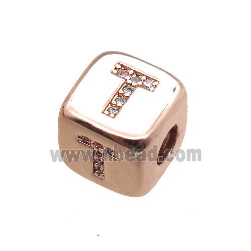 copper letter-T beads paved zircon, cube, rose gold