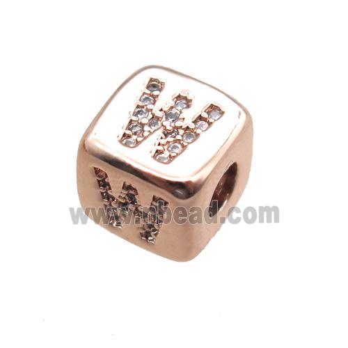 copper letter-W beads paved zircon, cube, rose gold