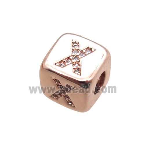 copper letter-X beads paved zircon, cube, rose gold