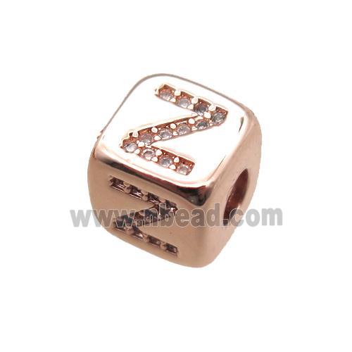 copper letter-Z beads paved zircon, cube, rose gold