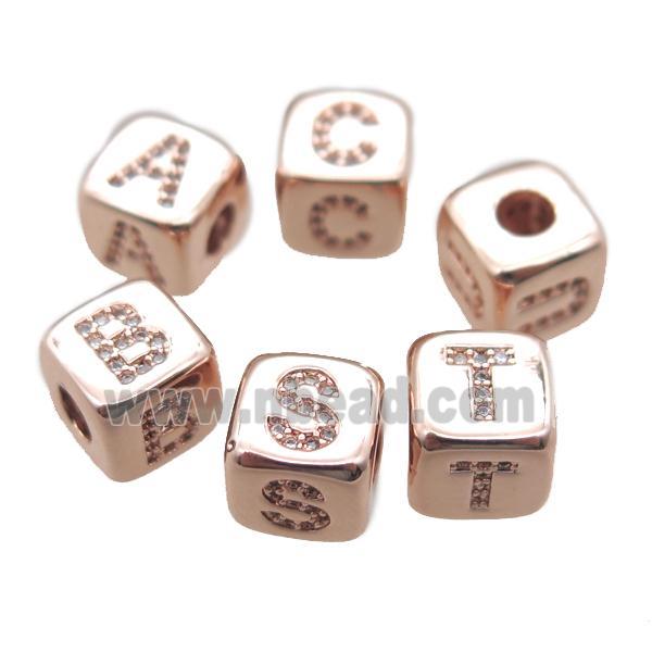 copper letter cube beads paved zircon, mixed alphabet, large hole, rose gold