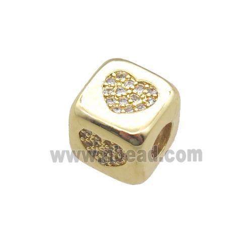 copper cube beads paved zircon, heart, gold plated