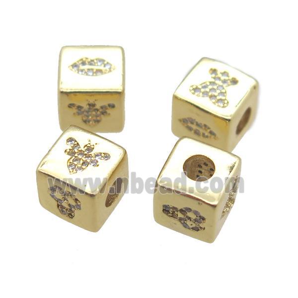 copper cube beads paved zircon, large hole, gold plated