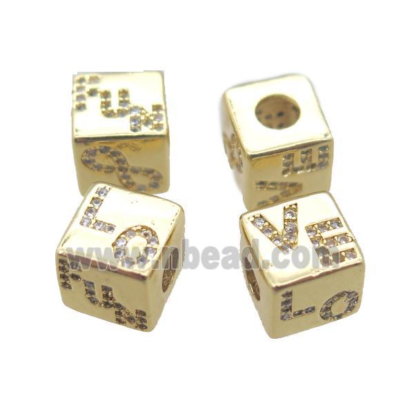 copper cube beads paved zircon, large hole, gold plated
