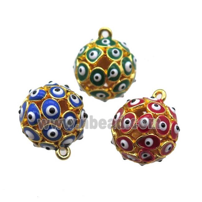 enameling copper round pendant with evail eye, hollow, mixed color, gold plated