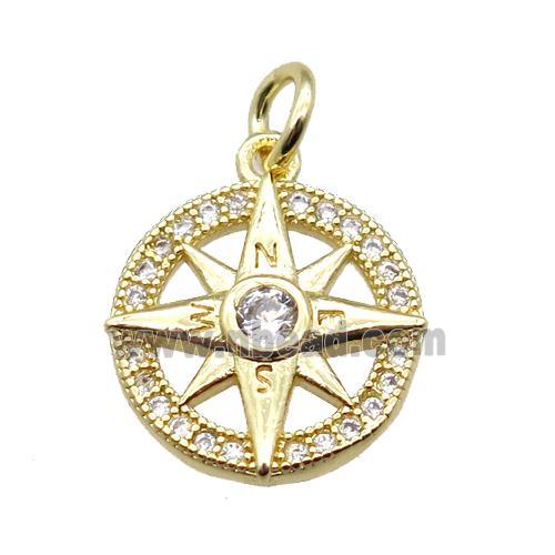 copper Compass pendant paved zircon, gold plated