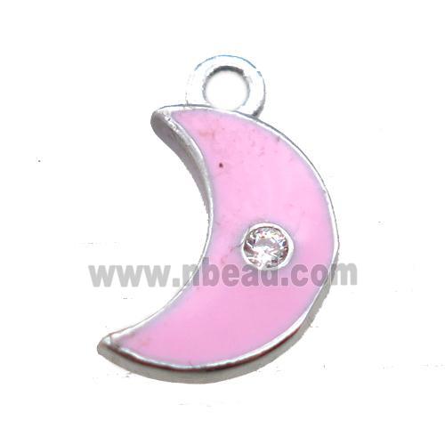 pink enameling copper moon pendant paved zircon, platinum plated
