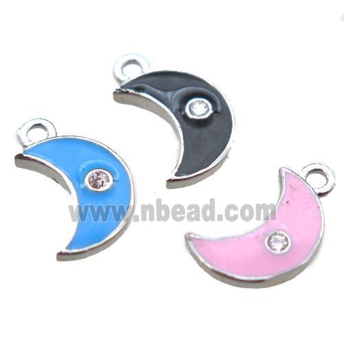 enameling copper moon pendant paved zircon, mixed color, platinum plated