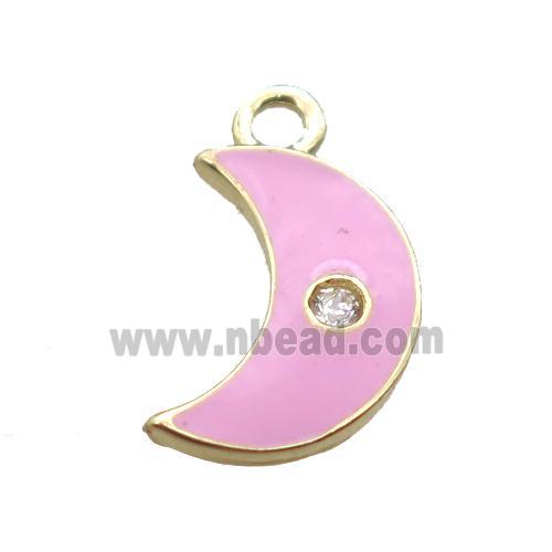 pink enameling copper moon pendant paved zircon, gold plated