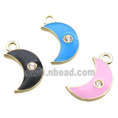 enameling copper moon pendant paved zircon, mixed color, gold plated