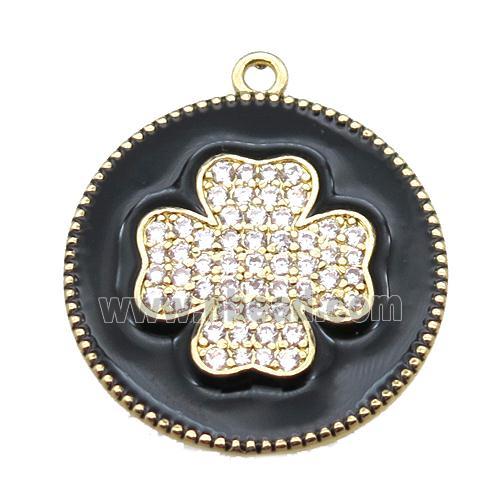 copper clover pendant pave zircon with black enameling, gold plated