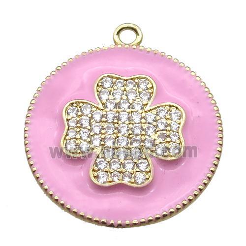 copper clover pendant pave zircon with pink enameling, gold plated